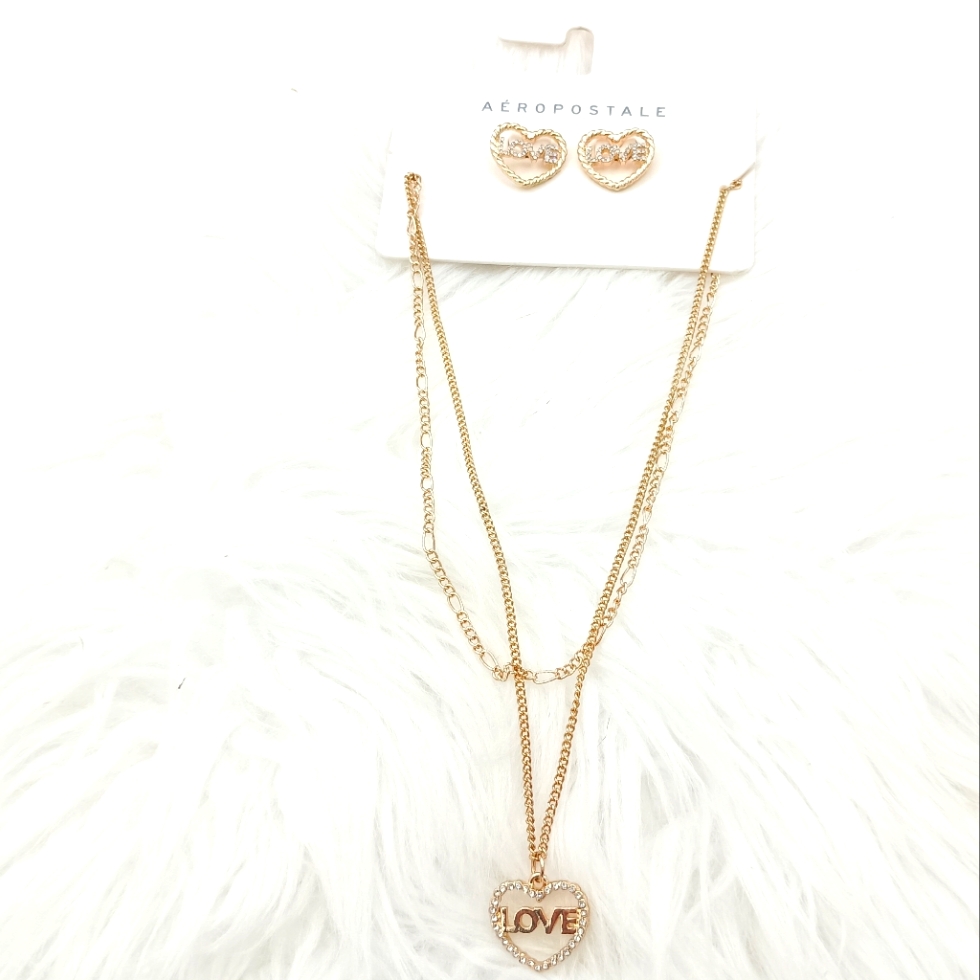 Aeropostale Gold Heart Necklace And Earrings Set